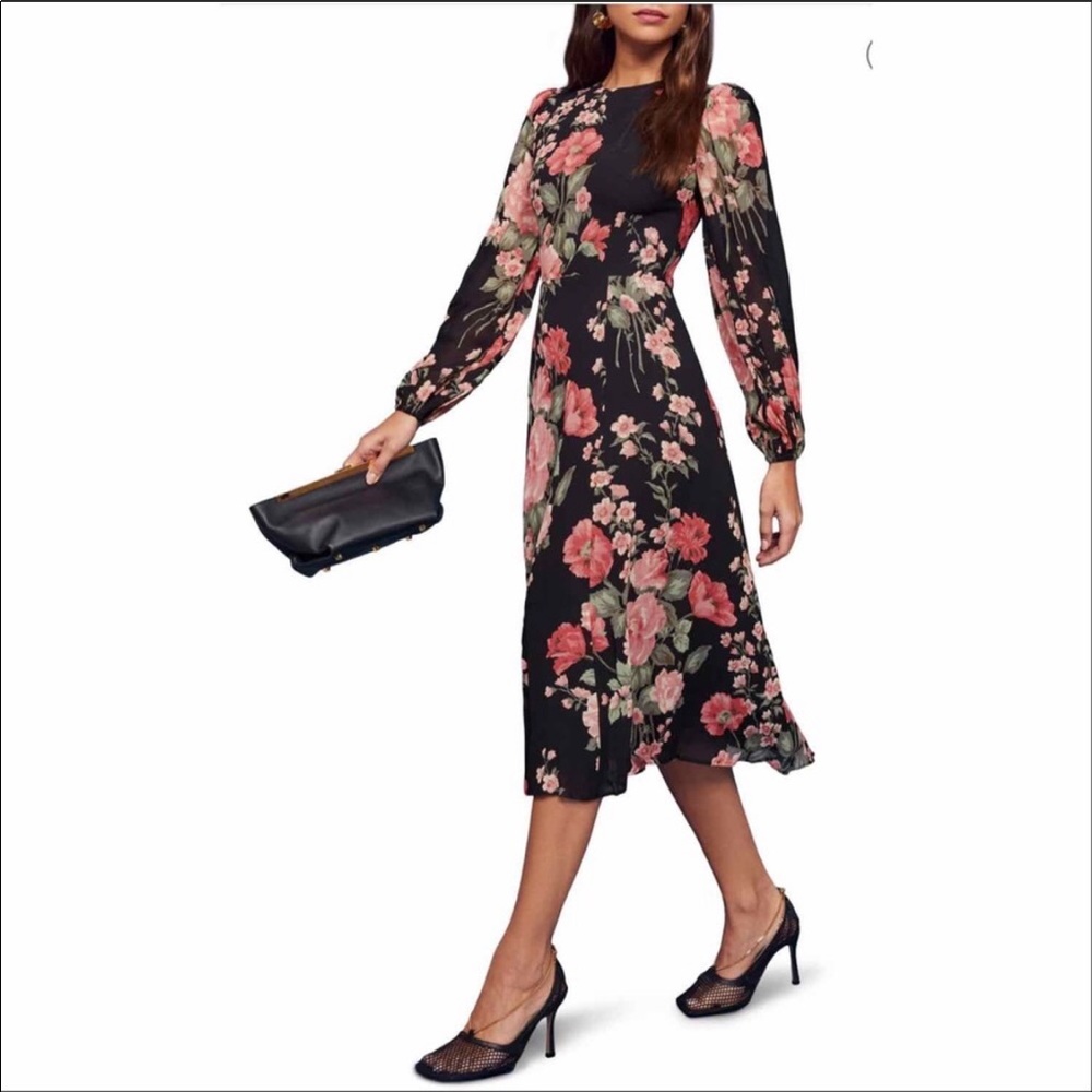 Reformation Black Floral Midi Dress with Pink & Green Blooms - Picture 2 of 7